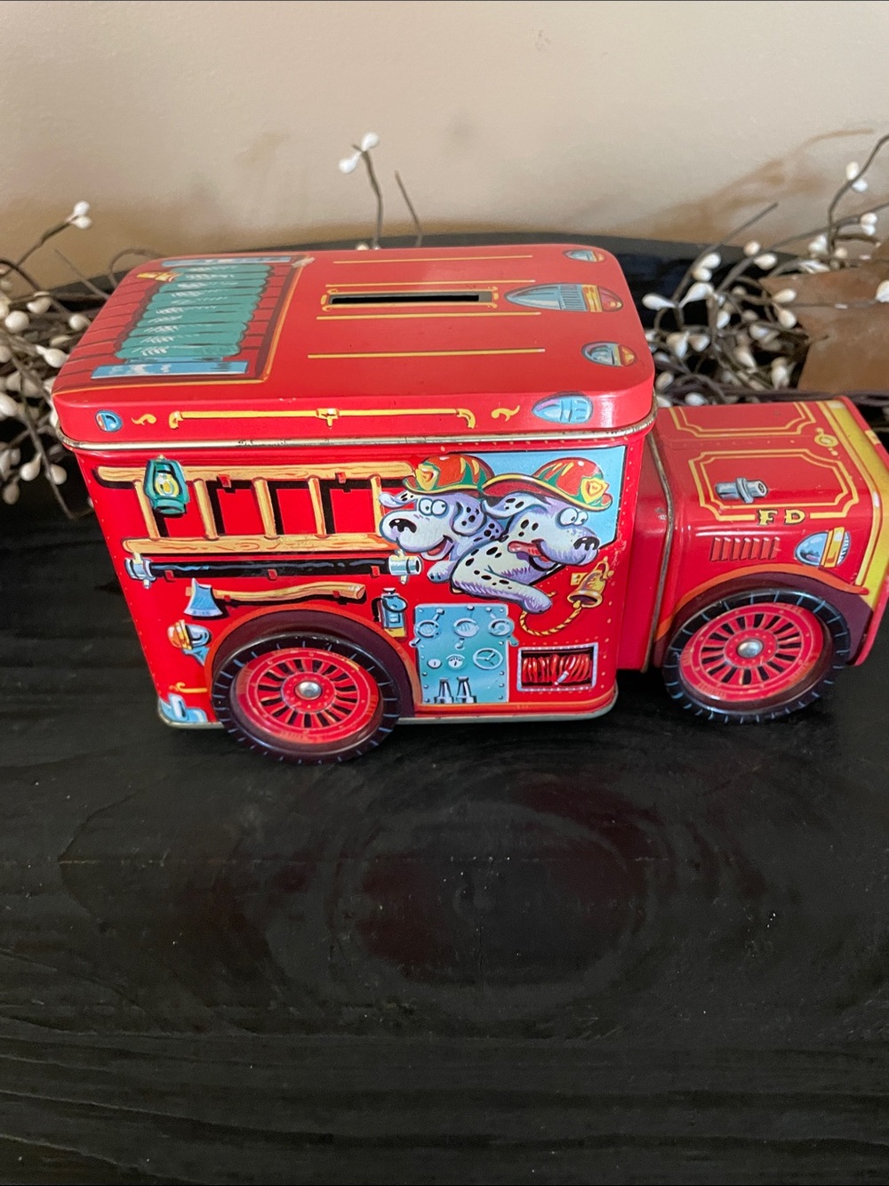 Red Vintage Fire Truck Tin Coin Bank - 7.5”x4”x3”